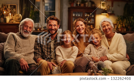 Photorealistic image of a multigenerational family with grandparents, parents, and children sitting together in a cozy living room, warm light, joyful expressions, generative ai illustration. 132262408