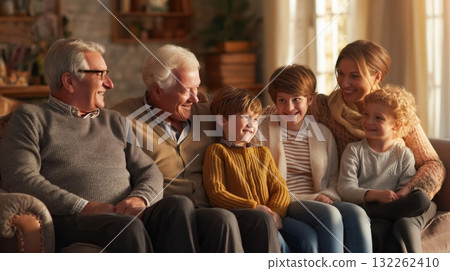 Photorealistic image of a multigenerational family with grandparents, parents, and children sitting together in a cozy living room, warm light, joyful expressions, generative ai illustration. 132262410