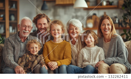 Photorealistic image of a multigenerational family with grandparents, parents, and children sitting together in a cozy living room, warm light, joyful expressions, generative ai illustration. 132262411