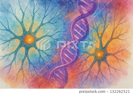Watercolor illustration of a DNA double helix between two glowing neurons on a colorful background, symbolizing science and creativity, generative ai illustration. Watercolor illustration of a DNA double helix between two glowing neurons on a colorful background, symbolizing science and creativity, generative ai illustration. 132262521