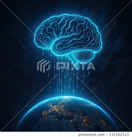 Futuristic glowing digital brain hovering above Earth in space, symbolizing global technology, artificial intelligence, and knowledge, generative ai illustration. Futuristic glowing digital brain hovering above Earth in space, symbolizing global technology, artificial intelligence, and knowledge, generative ai illustration. 132262523