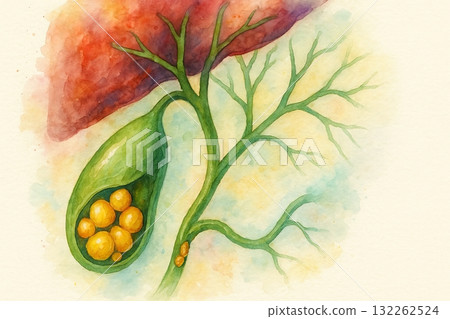 Watercolor illustration of gallbladder stones, artistic medical style showing anatomy and pathology, generative ai illustration 132262524