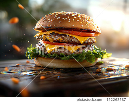 Homemade burgers with onions, tomato and cheese. AI Generated. 132262587