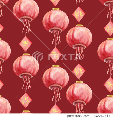 Asian lunar calendar New Year festive seamless pattern with watercolor red paper lantern decorated with hanging sign with "Fu" character, translation is "happiness and fortune". Colored background Asian lunar calendar New Year festive seamless pattern with watercolor red paper lantern decorated with hanging sign with "Fu" character, translation is "happiness and fortune". Colored background 132262615