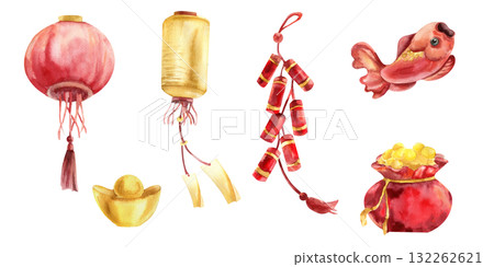 Asian festive traditional set with watercolor red and yellow paper lantern, ingot,golden coins in bag, carp fish and firecrackers illustration. Isolated elements with Chinese and Japanese culture clip 132262621