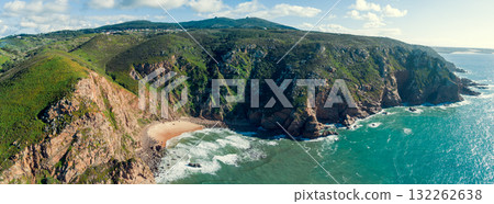 Panoramic view of Cabo da Roca. Rocky seascape. Assentiz Beach. Region of Cape Roca, Atlantic Ocean, Portugal. Horizontal banner Panoramic view of Cabo da Roca. Rocky seascape. Assentiz Beach. Region of Cape Roca, Atlantic Ocean, Portugal. Horizontal banner 132262638