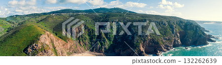Panoramic view of Cabo da Roca. Rocky seascape. Assentiz Beach. Region of Cape Roca, Atlantic Ocean, Portugal. Horizontal banner Panoramic view of Cabo da Roca. Rocky seascape. Assentiz Beach. Region of Cape Roca, Atlantic Ocean, Portugal. Horizontal banner 132262639