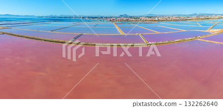 Panoramic View from above of Pink lake in San Pedro del Pinatar city, Spain Europe. San Pedro Salt Flats. Aerial view Horizontal banner 132262640