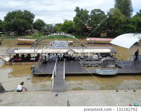 Mae Ping River Cruise Boats Docked with Passengers and a No Smoking Sign 132262702
