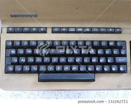 Close Up of a Vintage Computer Keyboard with Black Keys and Symbols 132262711