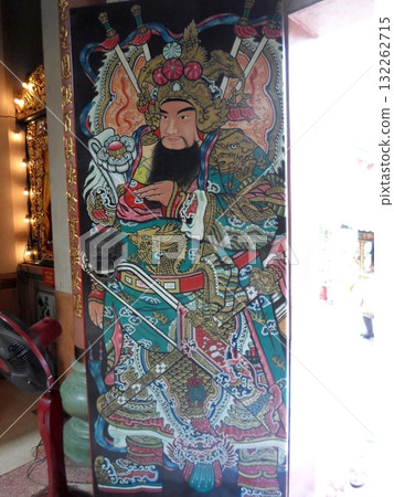 Temple Door with a Colorful Painting of a Mythical Warrior Figure Temple Door with a Colorful Painting of a Mythical Warrior Figure 132262715