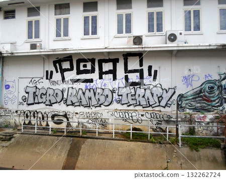 Graffiti Wall with Bold Text and Symbols on an Urban Street Graffiti Wall with Bold Text and Symbols on an Urban Street 132262724