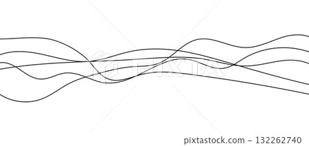 Wavy squiggle line horizontal divider, minimalist black and white background. Curved long lines. Abstract wavy doodle chaotic vector illustration 132262740