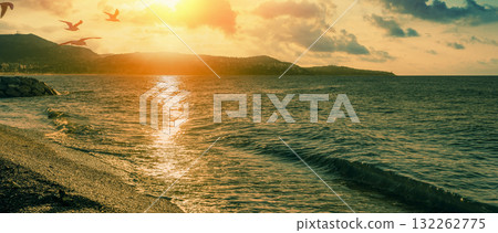 Seascape at sunset. Beautiful beach in the evening. Horizontal banner Seascape at sunset. Beautiful beach in the evening. Horizontal banner 132262775