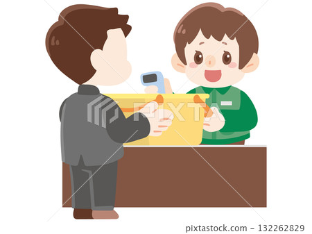 一名店員在收銀台協助一名男顧客 一名店員在收銀台協助一名男顧客 132262829