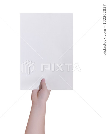 Blank A4 paper hand holding, top view, white background. Blank A4 paper hand holding, top view, white background. 132262837