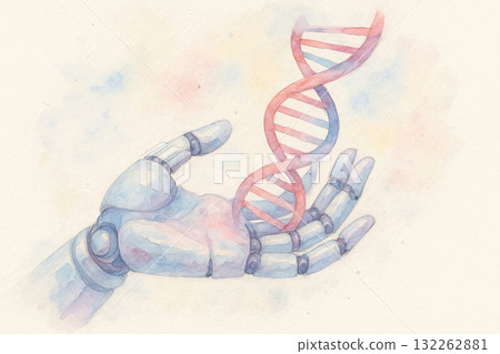 Robotic hand gently holding a DNA double helix, digital illustration. Symbolic image representing biotechnology, genetic engineering, and the fusion of technology with life sciences 132262881