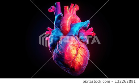 Artistic 3D medical illustration of a human heart with glowing neon highlights in futuristic sci fi style on a black background, generative ai illustration 132262891