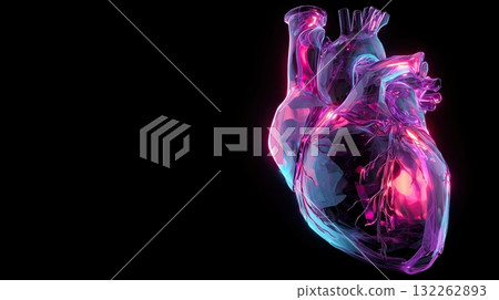 Artistic 3D medical illustration of a human heart with glowing neon highlights in futuristic sci fi style on a black background, generative ai illustration 132262893