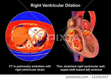 Right ventricular dilation, 3D illustration with CT scan 132262937
