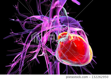 Human heart with left ventricle highlighted in red, 3D illustration. 132262950
