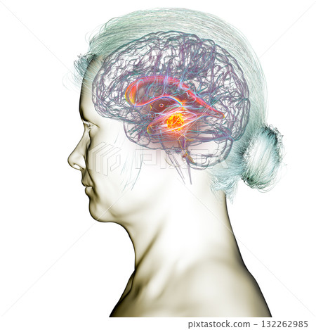 A brain tumor causing hydrocephalus, 3D illustration A brain tumor causing hydrocephalus, 3D illustration 132262985