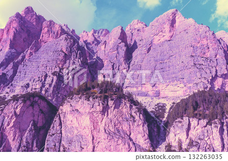 Mountain landscape. Rocks against the sky. Piz dles Cunturines. Dolomites in Bolzano, Italy, Europe 132263035