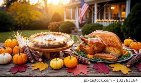 Thanksgiving feast with roasted turkey, pumpkin pie, and autumn decor outdoors in front of a US home. Thanksgiving feast with roasted turkey, pumpkin pie, and autumn decor outdoors in front of a US home. 132263164