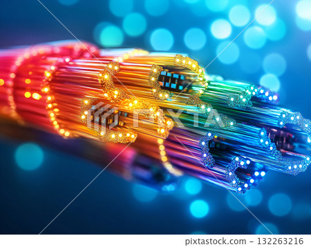 High-tech digital concept with fiber optic light trails, radiating energy and innovation. abstract background. AI Generated. 132263216