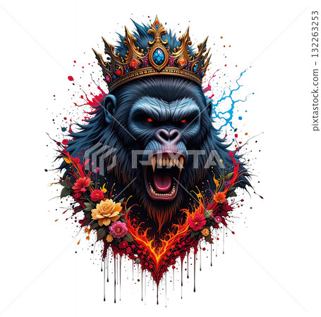 Furious gorilla portrait wearing a jeweled crown, with fire, flowers, and a dramatic, vibrant paint splatter and drip effect. Furious gorilla portrait wearing a jeweled crown, with fire, flowers, and a dramatic, vibrant paint splatter and drip effect. 132263253