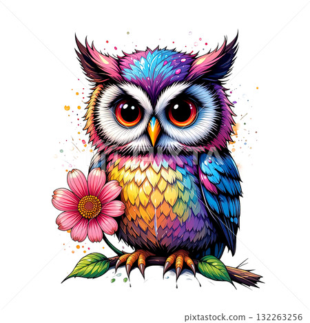 Adorable owl with huge eyes and rainbow-colored feathers, perched on a branch and holding a pink flower, in a cartoon style Adorable owl with huge eyes and rainbow-colored feathers, perched on a branch and holding a pink flower, in a cartoon style 132263256