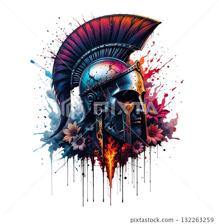 Spartan or Roman helmet with a crest and a human profile, mixed with fire, flowers, and dramatic watercolor splatters. Spartan or Roman helmet with a crest and a human profile, mixed with fire, flowers, and dramatic watercolor splatters. 132263259
