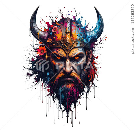 Intense Viking warrior head wearing a horned helmet, with a colorful beard and glowing eyes, executed in a bold, paint drip style. Intense Viking warrior head wearing a horned helmet, with a colorful beard and glowing eyes, executed in a bold, paint drip style. 132263260