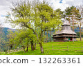 kuzhbeyi, ukraine - 12 may 2019: old wooden church on a hill in abandoned village of transcarpathia region, mizhhirya district. historic lemko architecture heritage 132263361