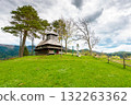 kuzhbeyi, ukraine - 12 may 2019: old wooden church on a hill in abandoned village of transcarpathia region, mizhhirya district. historic lemko architecture heritage 132263362