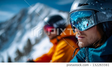 Two adventurers in winter gear observing snowy peaks with binoculars, representing exploration, teamwork, and travel lifestyle 132263381