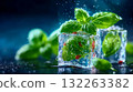 Fresh green basil leaves frozen in ice cubes with water droplets, representing freshness, flavor, and natural cooling 132263382