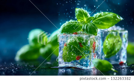 Fresh green basil leaves frozen in ice cubes with water droplets, representing freshness, flavor, and natural cooling 132263382