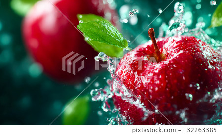 Vibrant red apples splashing into clear water, representing freshness, purity, and healthy lifestyle 132263385