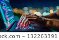 Hands typing on a glowing laptop keyboard with code lines and city lights behind 132263391