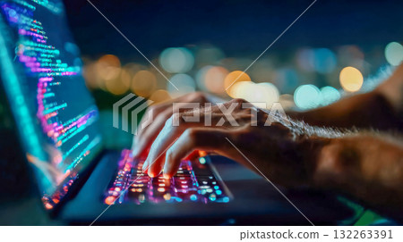 Hands typing on a glowing laptop keyboard with code lines and city lights behind Hands typing on a glowing laptop keyboard with code lines and city lights behind 132263391