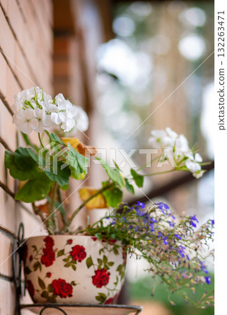 Floral ceramic pot with red roses and white geraniums hangs from decorative metal holder on brick wall, creating cozy urban garden feel. Floral ceramic pot with red roses and white geraniums hangs from decorative metal holder on brick wall, creating cozy urban garden feel. 132263471