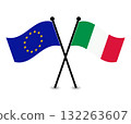 Crossed flags of the EU or Europe and Italy, symbolizing cooperation. 132263607
