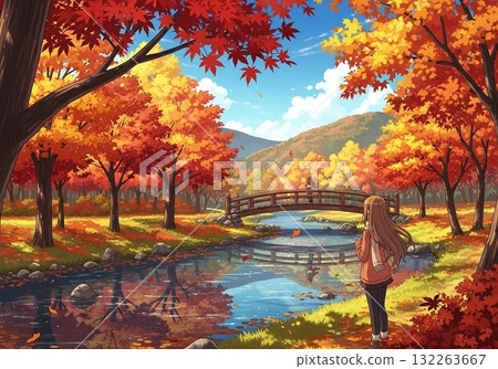 在秋葉和河邊散步的女孩的風景插圖 132263667