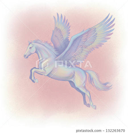 描繪一匹展翅翱翔的白色飛馬的夢幻插畫。粉筆畫。新年賀卡素材。 132263670