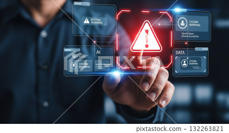 Business people interacting with AI system warnings and data interfaces Business people interacting with AI system warnings and data interfaces 132263821