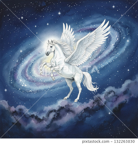 華麗的水彩畫,描繪了閃耀的白色天馬翱翔於銀河星空的景象。馬年賀年卡素材。飛馬插畫。翱翔於天空的長著翅膀的馬。 華麗的水彩畫,描繪了閃耀的白色天馬翱翔於銀河星空的景象。馬年賀年卡素材。飛馬插畫。翱翔於天空的長著翅膀的馬。 132263830