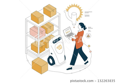 物流員工正在與未來派送貨機器人一起工作 物流員工正在與未來派送貨機器人一起工作 132263835
