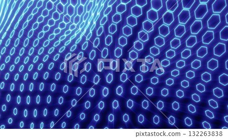 Striking cyan hexagonal grid stretching into a wave, representing futuristic digital networks and flowing connectivity Striking cyan hexagonal grid stretching into a wave, representing futuristic digital networks and flowing connectivity 132263838