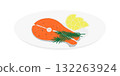 Salmon Steak with Seasonings, Rosemary Sprigs and Lemon Wedges on White Plate Healthy Eating Design 132263924